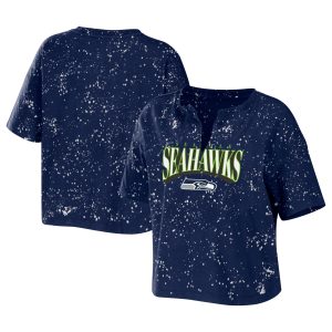 Seattle Seahawks Women's Shirt WEAR by Erin Andrews Bleach Wash Splatter Notch Neck T
